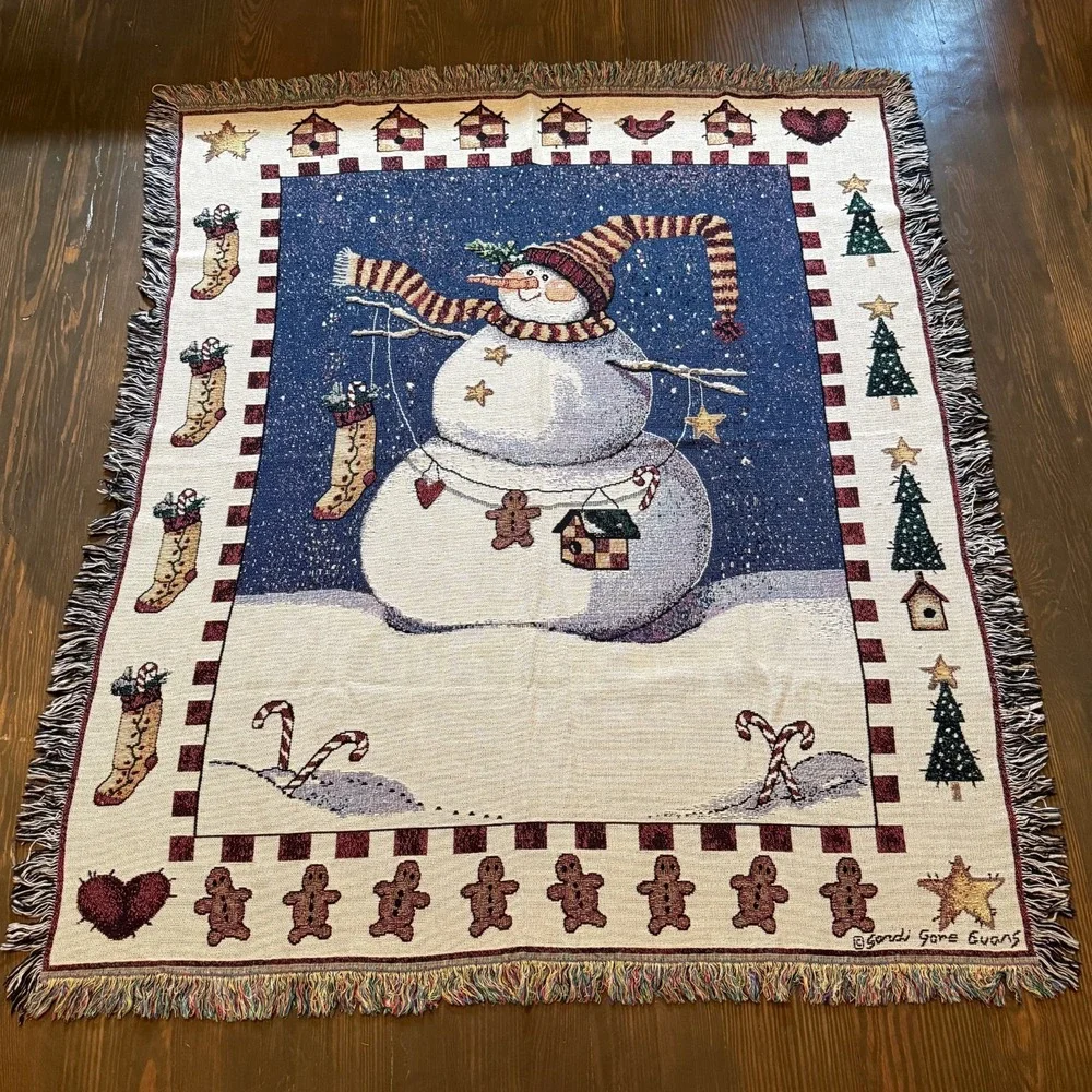 Christmas Tapestry Blanket Peppermint Hills Sandi Gore Evans Snowman Throw 50x60